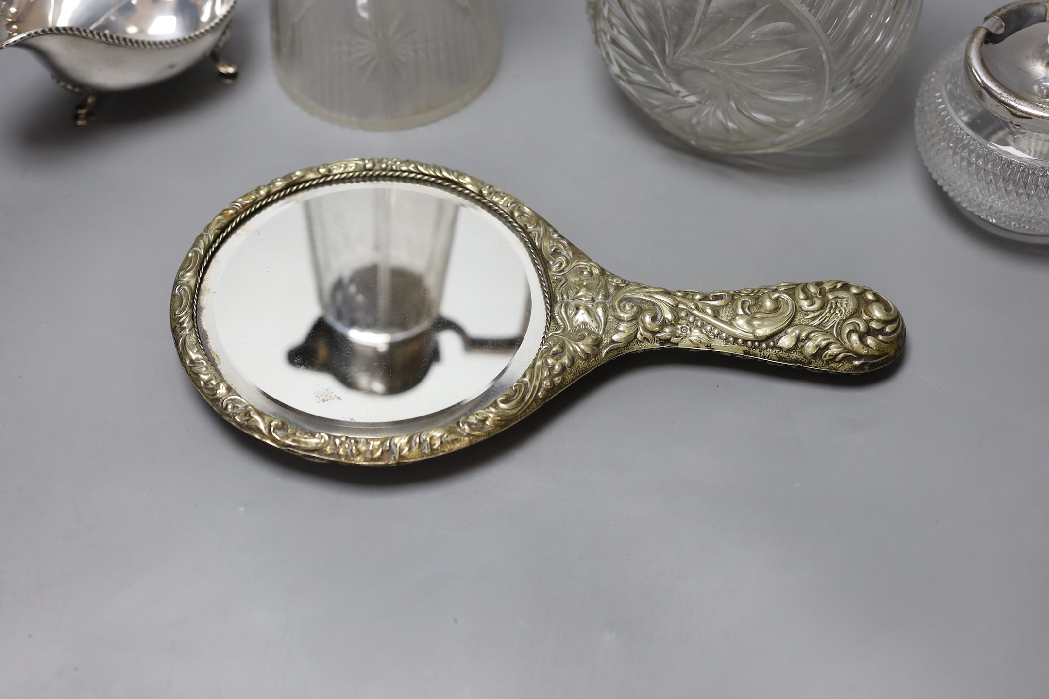 A WMF style plate mounted claret jug and another, a sauce boat sugar bowl compact and mirror (6), Claret jug 29 cms high